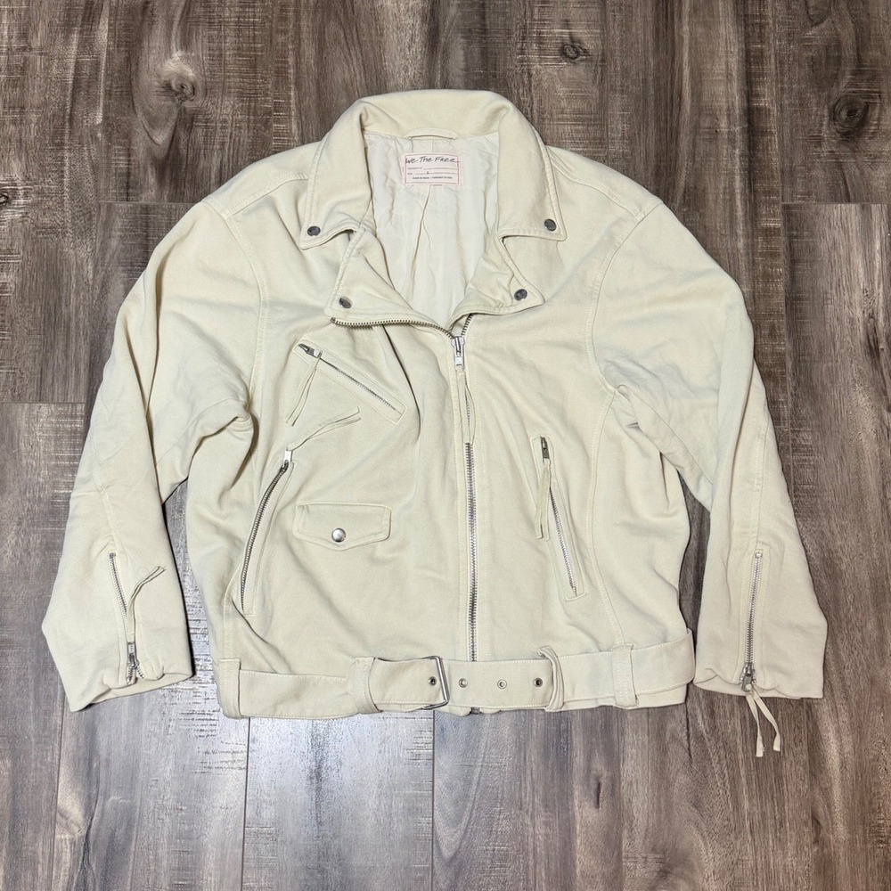 We The Free Free People Womens Moto Jacket Ivory Denim Biker Belted Cream Size S